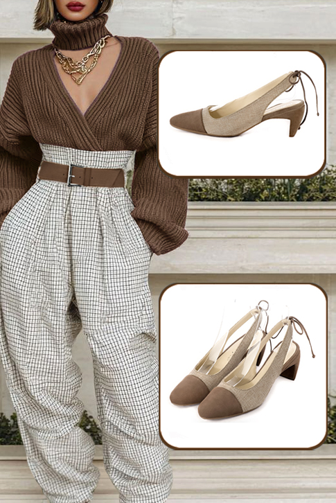 Women's chocolate brown and natural beige elegant slingback heels. Round toe. Medium comma heels - Worn view